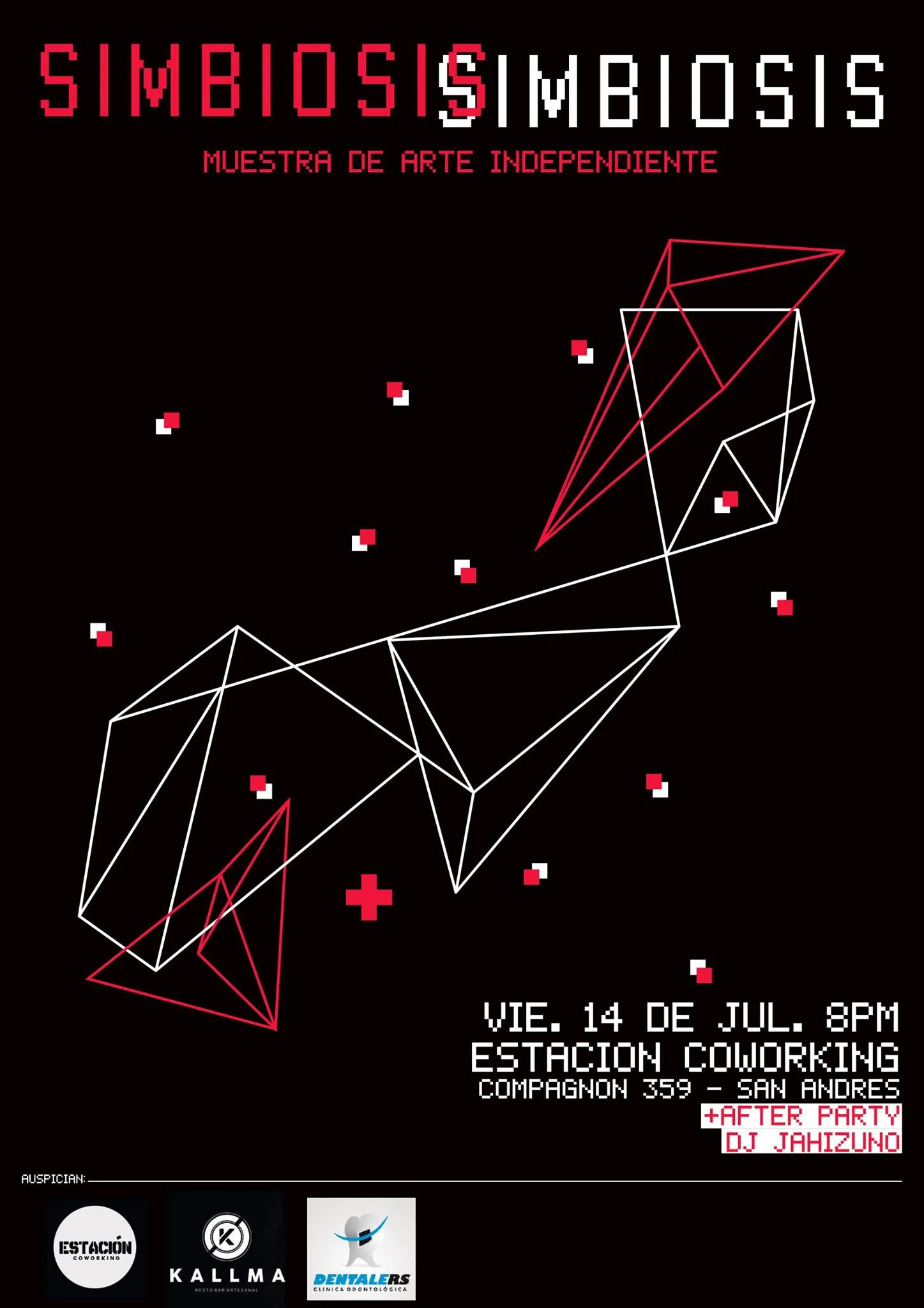 Afiche de Simbiosis /// Muestra de Arte Independiente con tipografía pixelada roja y blanca sobre fondo negro.