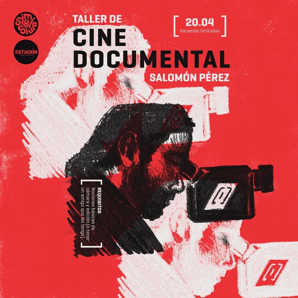 Afiche rojo del taller de cine documental con retrato en alto contraste.