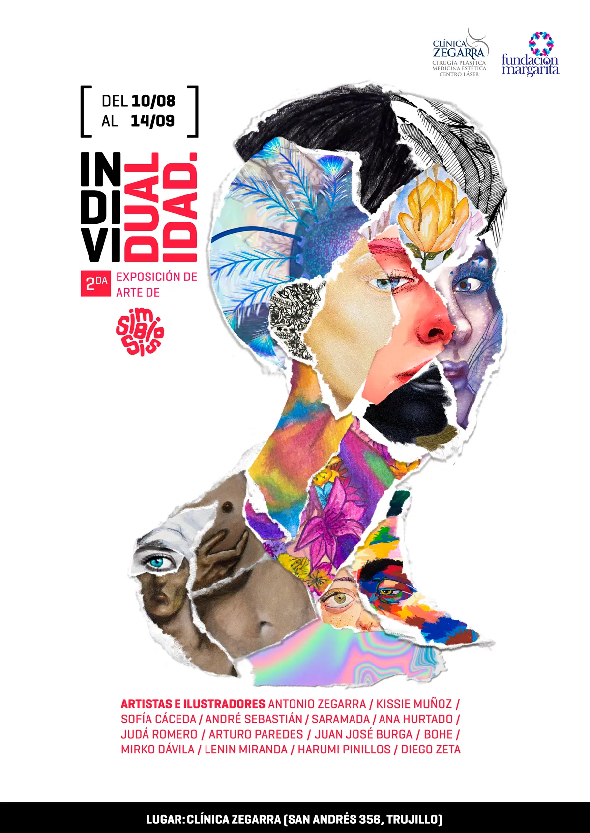 Afiche de IndiviDUALidad con retrato fragmentado y colores vivos.